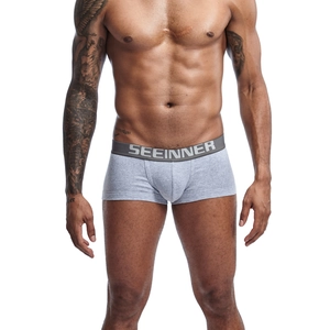Detailed macro view of gray cotton boxer briefs with premium elastic branded waistband