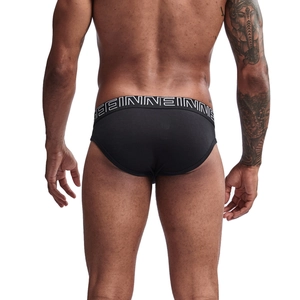 Rear view of men's black high-cut cotton briefs with white lettered elastic waistband