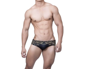 Maillot de bain homme taille basse noir avec motifs baroques dorés de feuilles élégantes