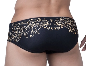 Détail du slip de bain noir pour homme avec motif filigrane doré vintage sur le dos