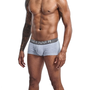 Close-up of light grey boxer briefs with high elastic branded waistband and cotton fabric