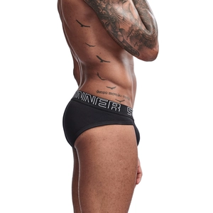Detail view of black high-cut ribbed cotton briefs with INNER S branded elastic waistband