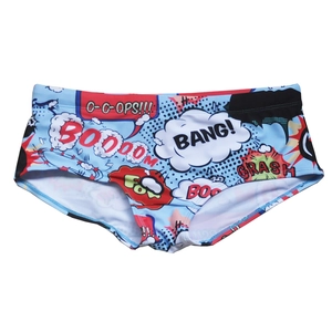 Detail of light blue men's swim trunks with colorful pop art comic book print
