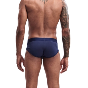 Rear view of navy blue cotton briefs showing wide elastic waistband and snug fit