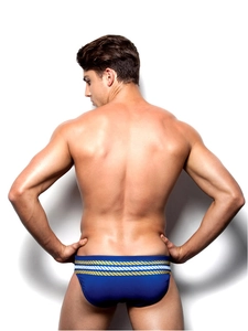 Back view of navy blue swim briefs with nautical rope print showing fit and cut
