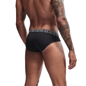 Rear view of black cotton high-cut men's briefs with wide white INNER lettered waistband
