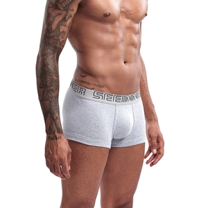 Detail showing the elastic waistband of gray cotton boxer briefs for men's muscle fit