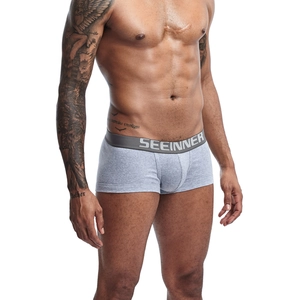 Detail view of men's grey cotton boxer briefs with elastic SEEINNER waistband