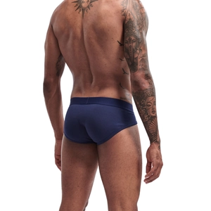 Rear view of male model wearing dark blue cotton briefs with elastic waistband