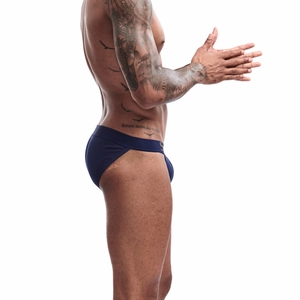 Detailed side view of navy blue low-rise men's cotton briefs with elastic branded waistband