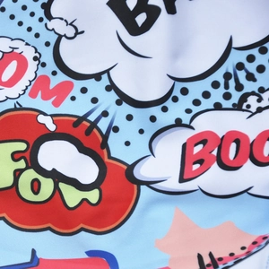 Detail of Pop Art print on men's swim trunks with BOOM and POW comic text