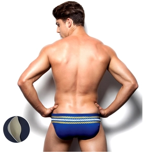 Navy blue men's swim trunks with striped waistband and removable padded enhancement