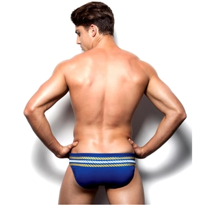 Men's navy blue swimming trunks with nautical yellow stripes on waistband, rear view