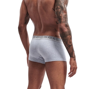 Rear view of men's grey stretch cotton boxer briefs showing fit and stitching detail