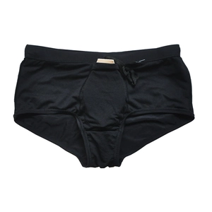 Detail of men's black swimming trunks with elastic drawstring waist and U-convex design