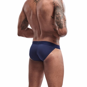 Rear side view of men's navy blue cotton briefs showing athletic fit and seam details