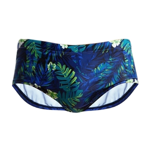 Men's fashion swim trunks with navy blue tropical green leaf print and elastic waistband