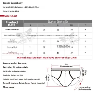 Detailed size chart for men's flamingo print swim briefs showing measurements and fit guide