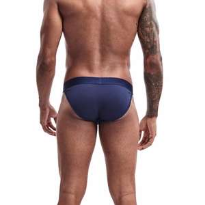 Rear view of men's high-cut dark blue cotton briefs with wide elastic waistband