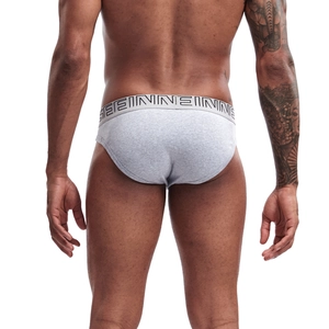 Rear view of grey cotton high-cut briefs for men showing slim fit and elastic waistband
