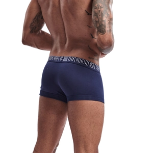 Rear view of men's dark blue cotton boxer briefs with wide elastic INNER logo waistband