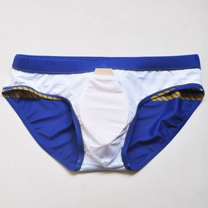 Detail of blue and white men's swim briefs showing internal padded pocket and lining