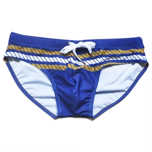 Men's royal blue swim briefs with nautical rope print and white adjustable drawstring