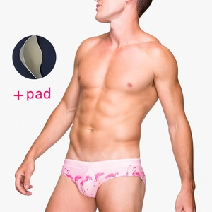 Men Trendy Flamingo Print Swim Briefs With Removable Pad Low Waist Sexy Beach Swimwear Tropical Quick Dry Bathing Suit