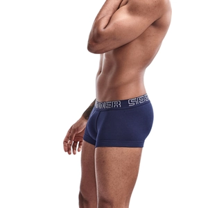 Detailed side view of navy blue cotton boxer briefs with elastic Seinner waistband