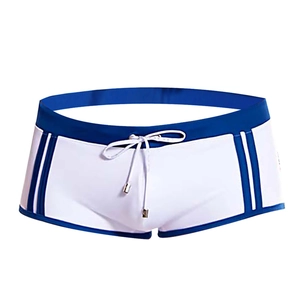 Maillot de bain boxer blanc pour hommes avec rayures bleu marine et cordon réglable