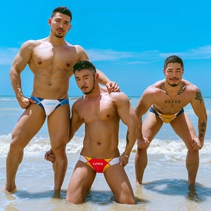 Men's sexy patchwork swim briefs in vibrant colors for beach and fitness activities