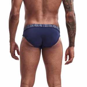 Detailed back view of navy blue ribbed cotton men's briefs with elastic logo waistband