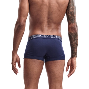 Detailed back view of men's navy blue boxer briefs with elastic SEINNEI logo waistband