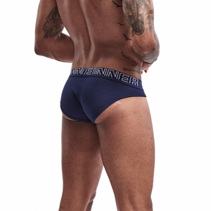 Detail of navy blue men's cotton briefs showing side view and WINNER logo waistband