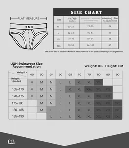 Detailed size chart for men's colorblock swimming trunks ranging from M to XXL sizes