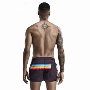Vista posteriore di pantaloncini da nuoto da uomo con vivaci strisce arcobaleno