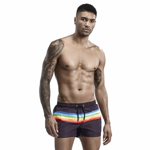 Pantaloncini da bagno viola da uomo con strisce arcobaleno, elastico e coulisse nera