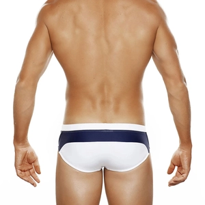 Rear view detail of men's two-tone swim briefs in white and navy blue quick-dry fabric