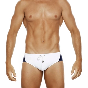 Detail view of men's white swim briefs featuring side blue panels and drawstring with metal tips