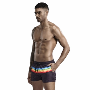 Pantaloncini da bagno viola da uomo con strisce arcobaleno e coulisse nera in vita