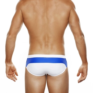 Rear view of men's white swimming briefs featuring a contrast blue panel and elastic fit