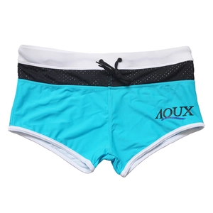 Men's sky blue swimming trunks with black mesh waistband and adjustable drawstrings