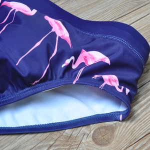 Detail view of pink flamingo print on navy men's swim briefs with white lining