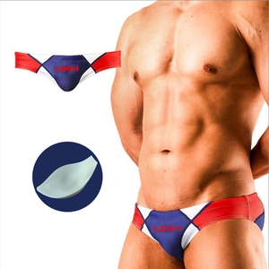 Men's tricolor patchwork swim briefs with a removable contour pad for beach wear