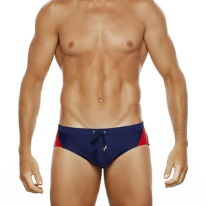 Close-up of men's navy and red swimwear with adjustable drawstring and metal tips