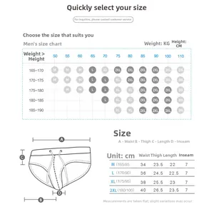Detailed size chart for men's fashion swim briefs with measurements from M to 3XL