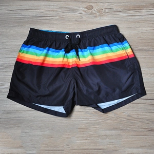 Vista piatta di pantaloncini da bagno neri da uomo con strisce arcobaleno su fondo in legno