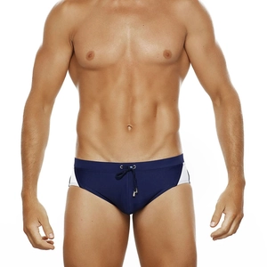 Detail of men's navy swim briefs with white side panels and silver drawstring tips