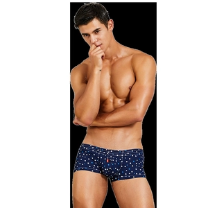 Classic dark blue polka dot boxer briefs for men with elastic waistband and soft fabric
