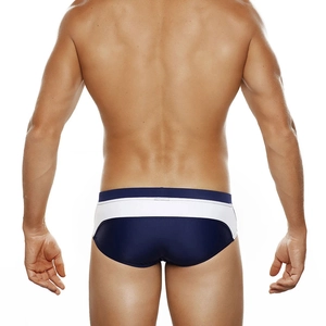 Back view of men's athletic swim briefs showing contrast blue and white patchwork design